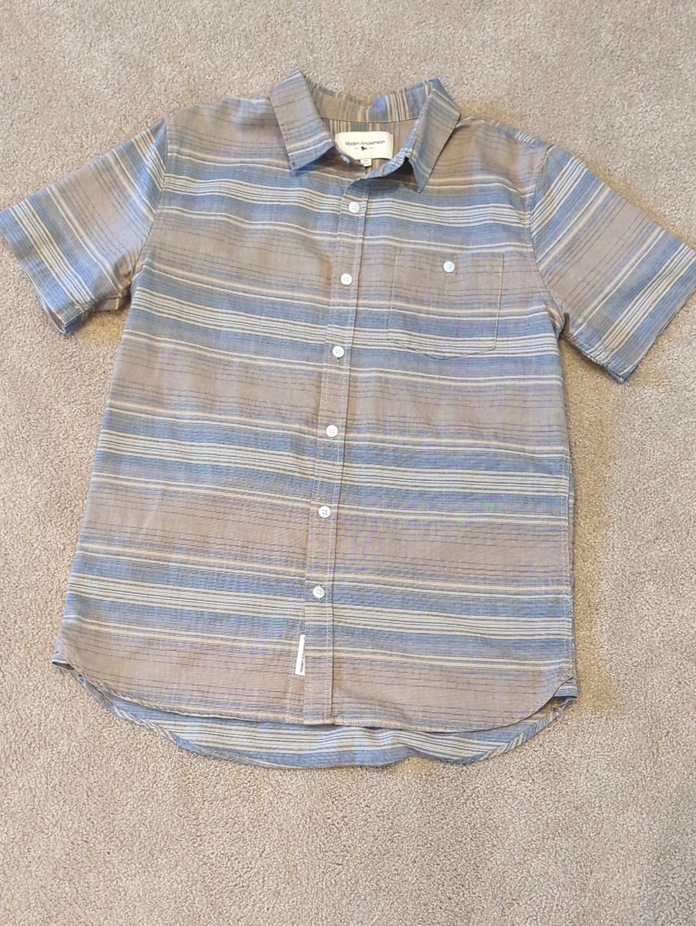 Modern Amusement Short Sleeve Button-Down in Blue & Gray Stripe